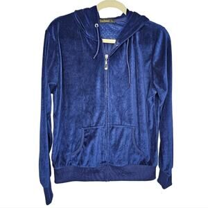 Navy Blue Velour Zip Up Hooded Jacket by Tracksuit sz Large